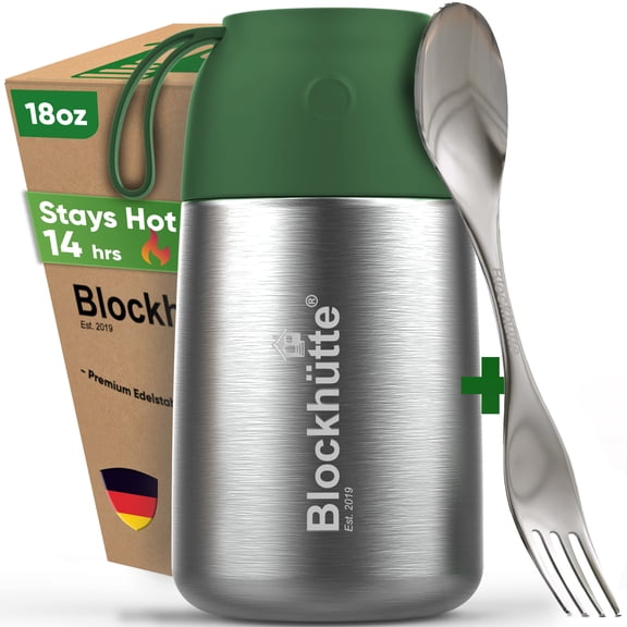 Blockhütte Small Thermos for hot Food Kids 18 oz DarkGreen | Wide Mouth Food Flask with Spork & Brush | Stainless steel Soup Flask | Insulated Food Jar 14h Hot | Soup Thermos for Adults