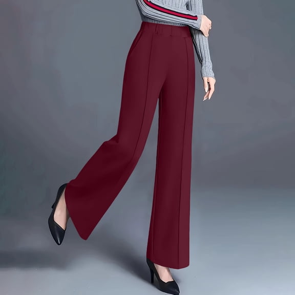 Women's Casual Stylish Solid Color Wide Leg High Waisted Loose Slimming Casual Pants, Tummy Control Trousers for Women, Office Casual Wear,Wine,S