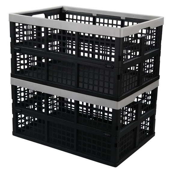 42L Stackable Plastic Folding Crate - 2 Pack - Collapsible Storage Baskets for Clothes, Toys, Tools - Portable & Space Saving Crates Black