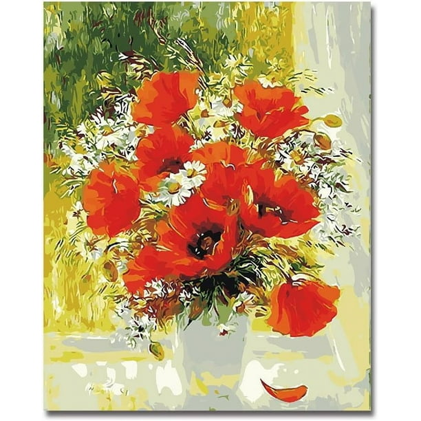 Decoración de pasillos fácil de hacer, lienzo digital con flores de amapola vibrantes con pinturas acrílicas para principiantes, 16 x 20 pulgadas, regalo perfecto para momentos inolvidables