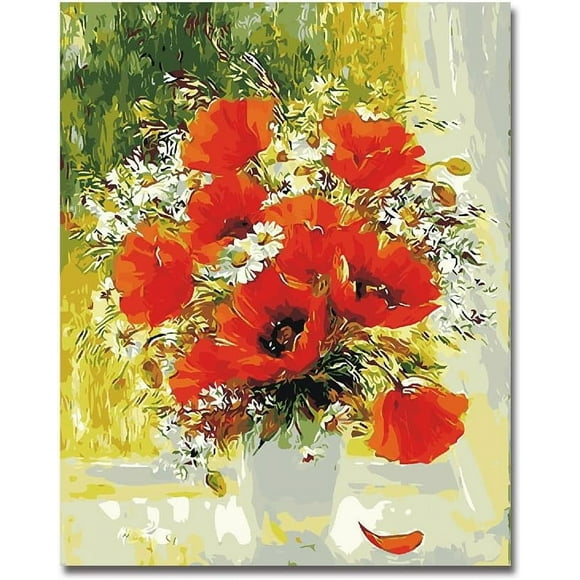 Creative Poppy Flower Digital Canvas, Diy Children'S Digital Painting With Vibrant Acrylic Paints For Unforgettable Artistic Experiences, 16X20 Inches, Perfect Gift For All Levels