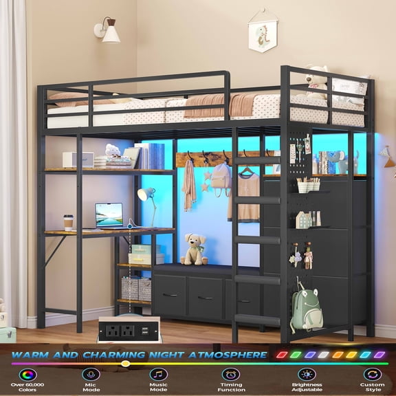 Loft Bed Twin Size with Desk and Charging Station and LED Lights, Metal Twin Loft Bed with 6 Storage Drawers & Large Pegboard & Coat Rack, Safety Guardrail and Ladder, Black