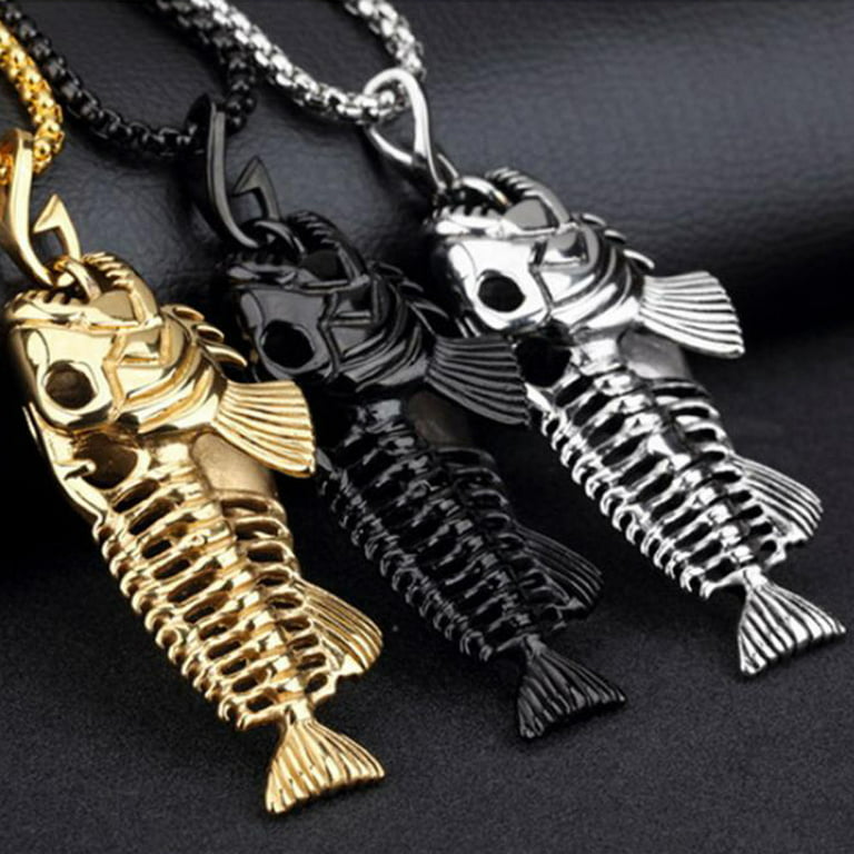 Valentine's Day Sales Chain Skeleton Fish Necklace Pendant Fishing Surfer  Hook Steel Stainless Bone Necklaces Pendants 