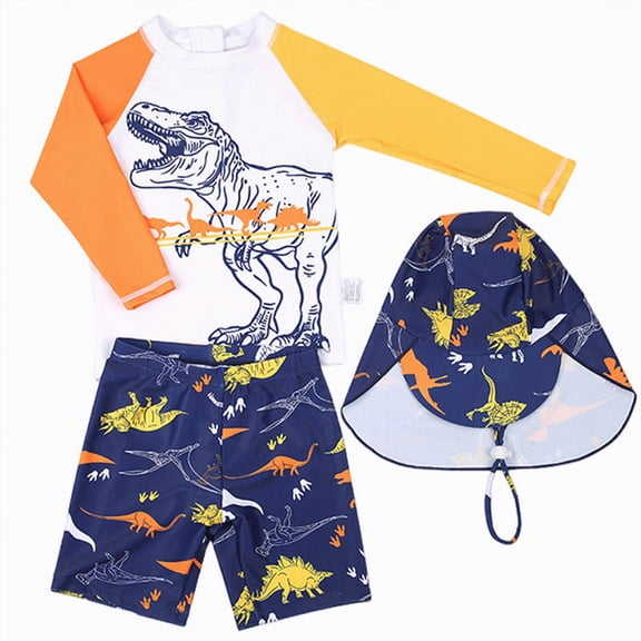 JUMEYU Toddler Rash Guard Boy Baby Boys Swimsuit Long Sleeve Rash Guard Swimwear Baby Boy Swim Trunk with Hat Set 3-Piece Toddler Bathing Suit 2T 3T (White,2-3 Years)