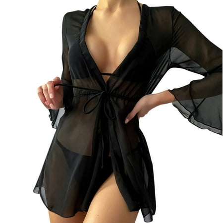 Rovga Women S Swimwear Cover Ups Solid Color V Neck Long Sleeve Ladies Sheer Mesh Cover Up Shorts Beach Cover Up Beach Wrap Bikini Wraps Solid Pom Sheer Lace Up Cover Up M Black