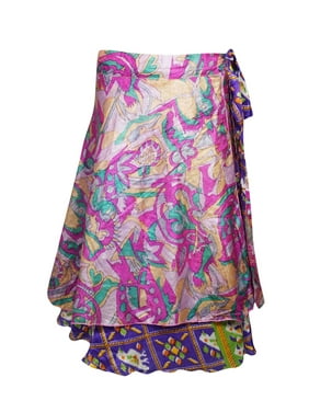 Mogul Vintage Reversible Sari Silk Wrap Skirt HIPPY Trendy Stylish MAGIC Tunics Dresses Ethnic Colorful Indian Women Clothing