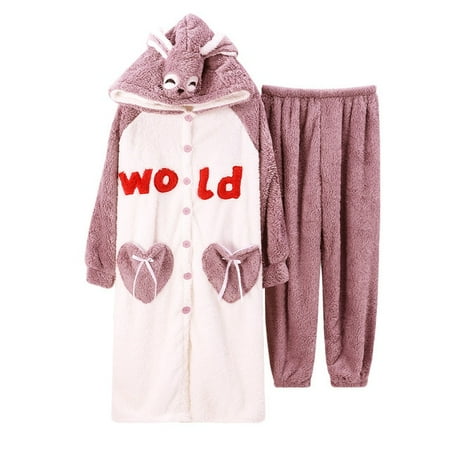 

DanceeMangoo FUNISHI Coral Fleece Winter Pajamas Cartoon Nightdress Loose Version Hooded Inspissate Women Sleepwear Plus Size Pajama Set