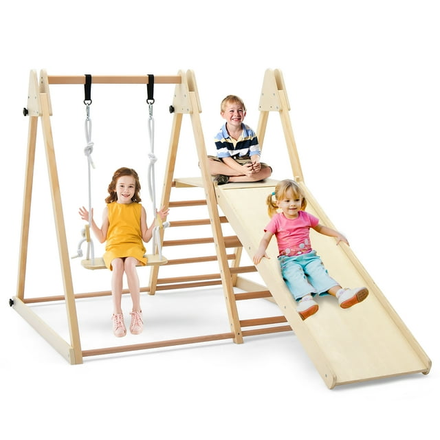 Gymax Aire de Jeux Intérieure 5-en-1 pour Enfants avec Glissade, Escalade, Rocher, Balançoire Réglable en Bois
