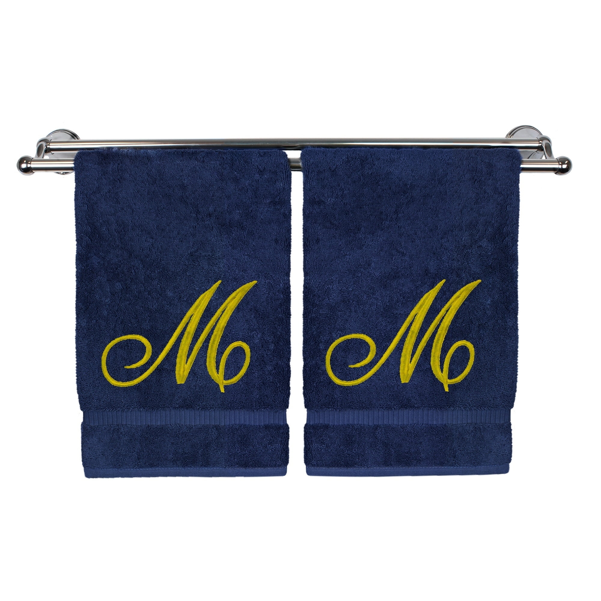 Monogrammed Hand Towel, Personalized Gift, 16 x 30 Inches - Set of 2 - Gold Embroidered Towel - Extra Absorbent 100% Turkish Cotton - Soft Terry Finish - for Bathroom, Kitchen and Spa - Script M Navy