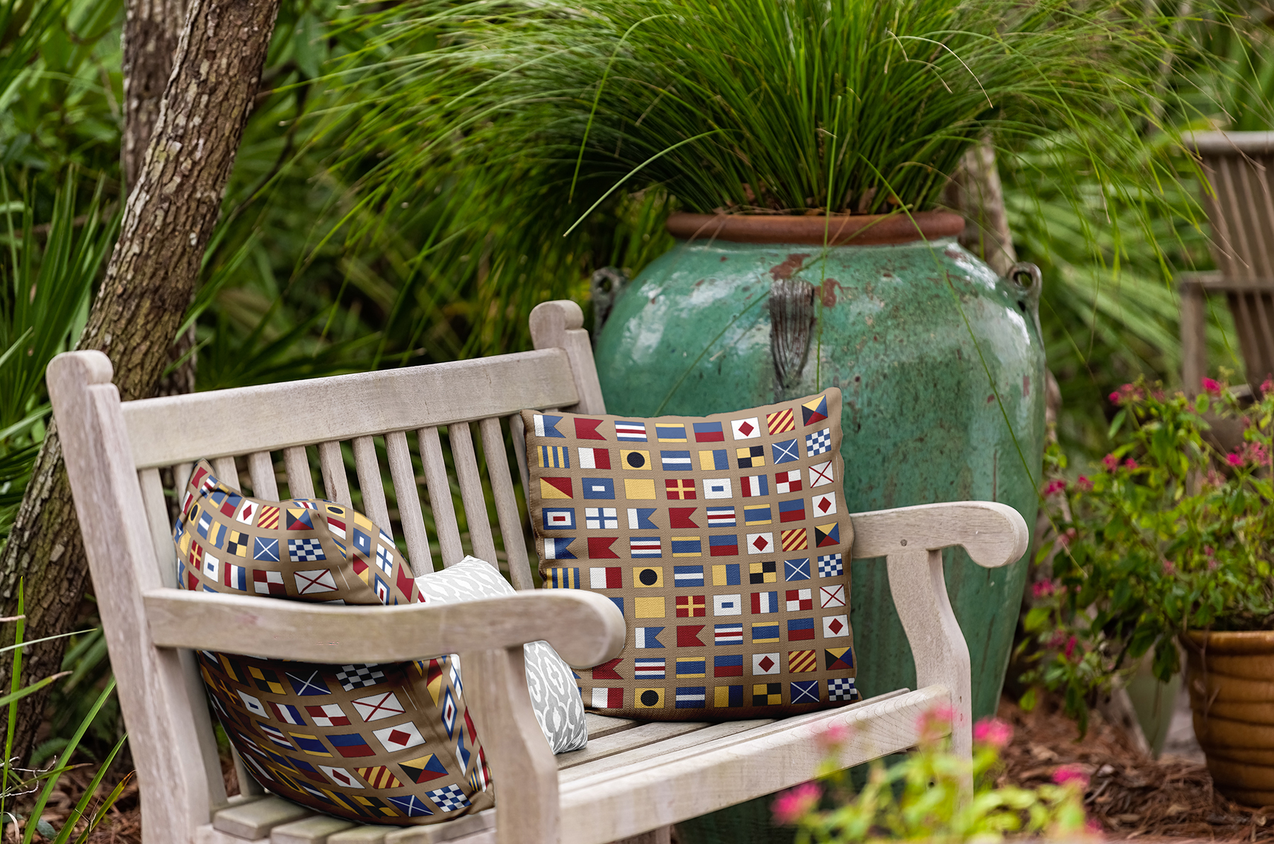 Simply Daisy 20" x 20" Nautical Flags Indoor/Outdoor Throw Pillow, Taupe (1 count)