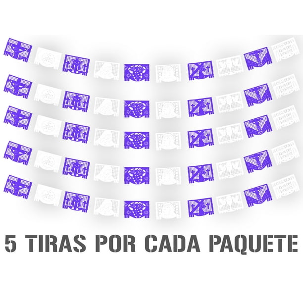 Papel Picado Religioso | Guirnaldas | Enramado | 5 tiras de 5 metros | diseño de semana santa blanco y morado con colores vibrantes | decoración de plastico picado
