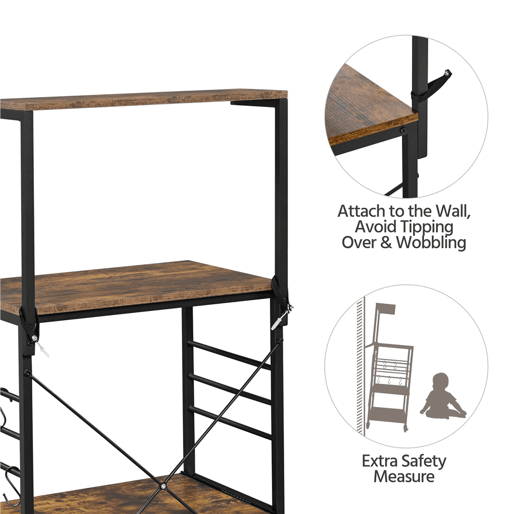 Renwick 50"H Metal Kitchen Baker's Rack with Side Hooks, Rustic Brown