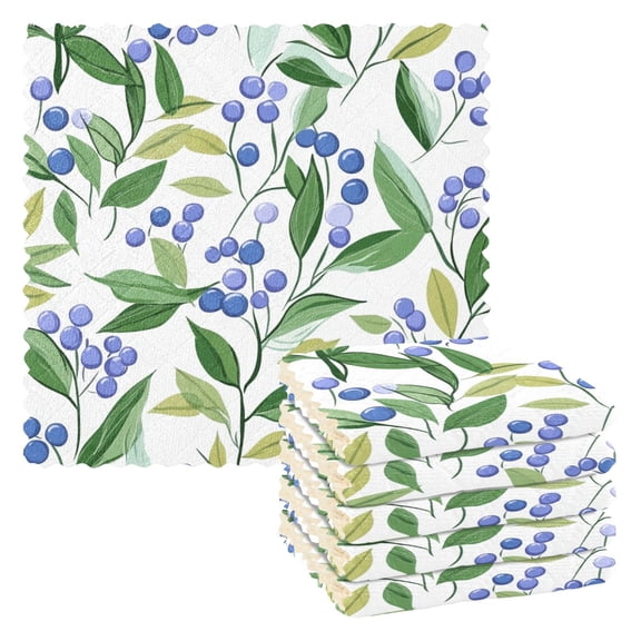 Blueberry Greens on White Background Kitchen Cloth Dish Towels for Drying Washing Absorbent Dish Rags 6 Pack