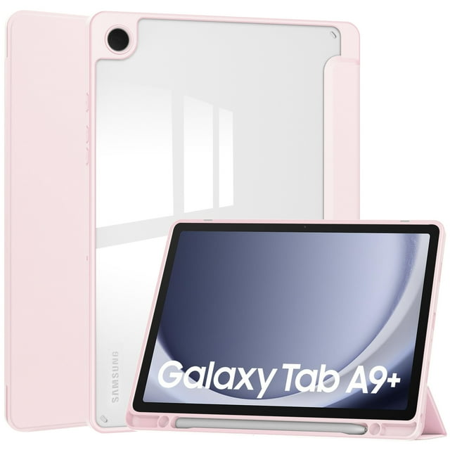 TFixol Samsung Galaxy Tab A9/A9 Plus 8.7/11-Inch Tri-Fold Transparent Case with Pen Holder, Auto Wake/Sleep, Magnetic Closure, Lightweight Design - Pink