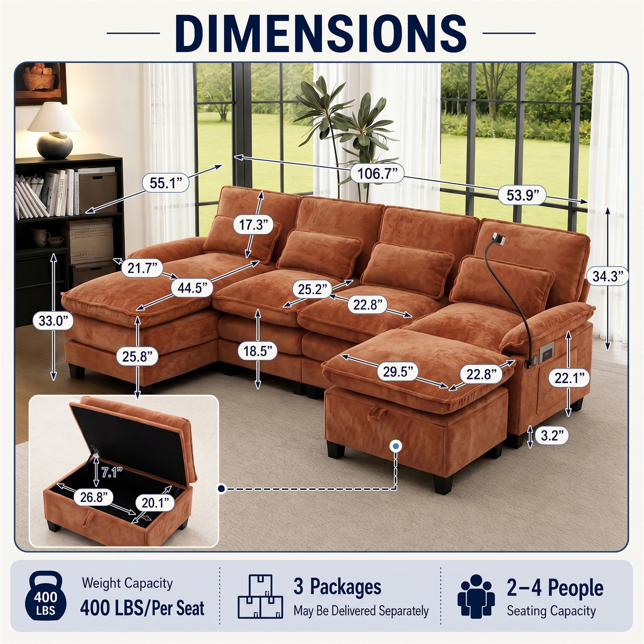 Aukfa 106" Sectional Sofa Deep Seat U shape Couch for Living Room, USB&Type-C Ports, 4 Lumbar Pillows, Storage Ottoman, Overstuffed Chenille, Orange