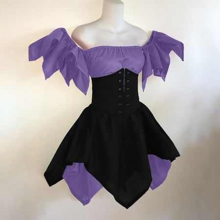 

BDFZL Dresses for Women 2022 Women s Medieval Costume Round Neck Dress Flare Sleeve Off Shoulder Vintage Dresses With Corset Patchwork Ball Gown Dress Purple S-