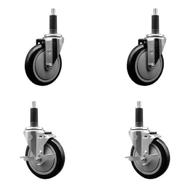 5 Inch Black Poly Wheel Swivel 1 Inch Expanding Stem Caster Set 2 Brakes SCC