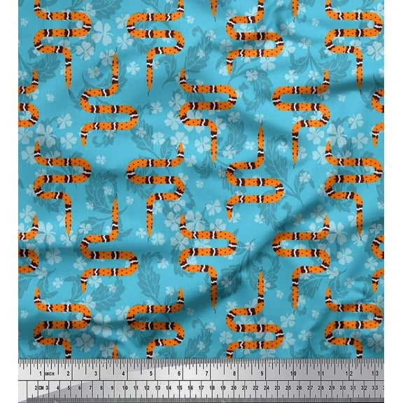 Soimoi Blue Cotton Duck Fabric Leaves,White Floral & Snake Reptile Fabric Prints by Yard 42 Inch Wide