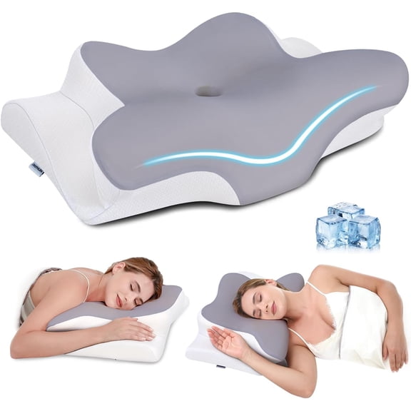 Poalid Neck and Shoulder Pain Relief Pillow, Memory Foam Cervical Support for Side Sleepers, Ergonomic 2 Heights Orthopedic Bed Pillow with Breathable Ice Silk Cover, Gray