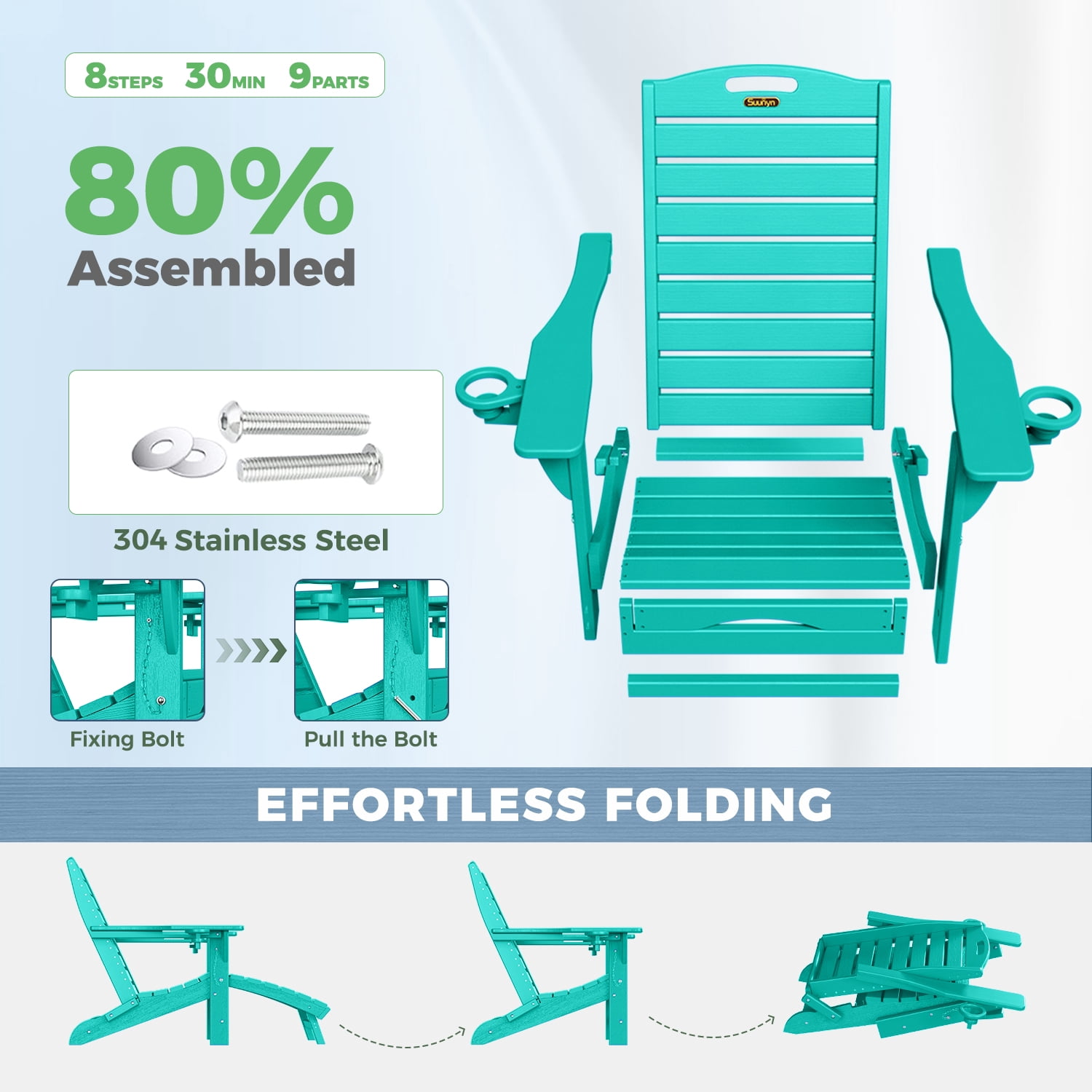 Folding Adirondack Chair with Ottoman Set of 2 HDPE Patio Chair Pull Out Footrest with 2 Cup Holders Garden Lawn Lake Blue