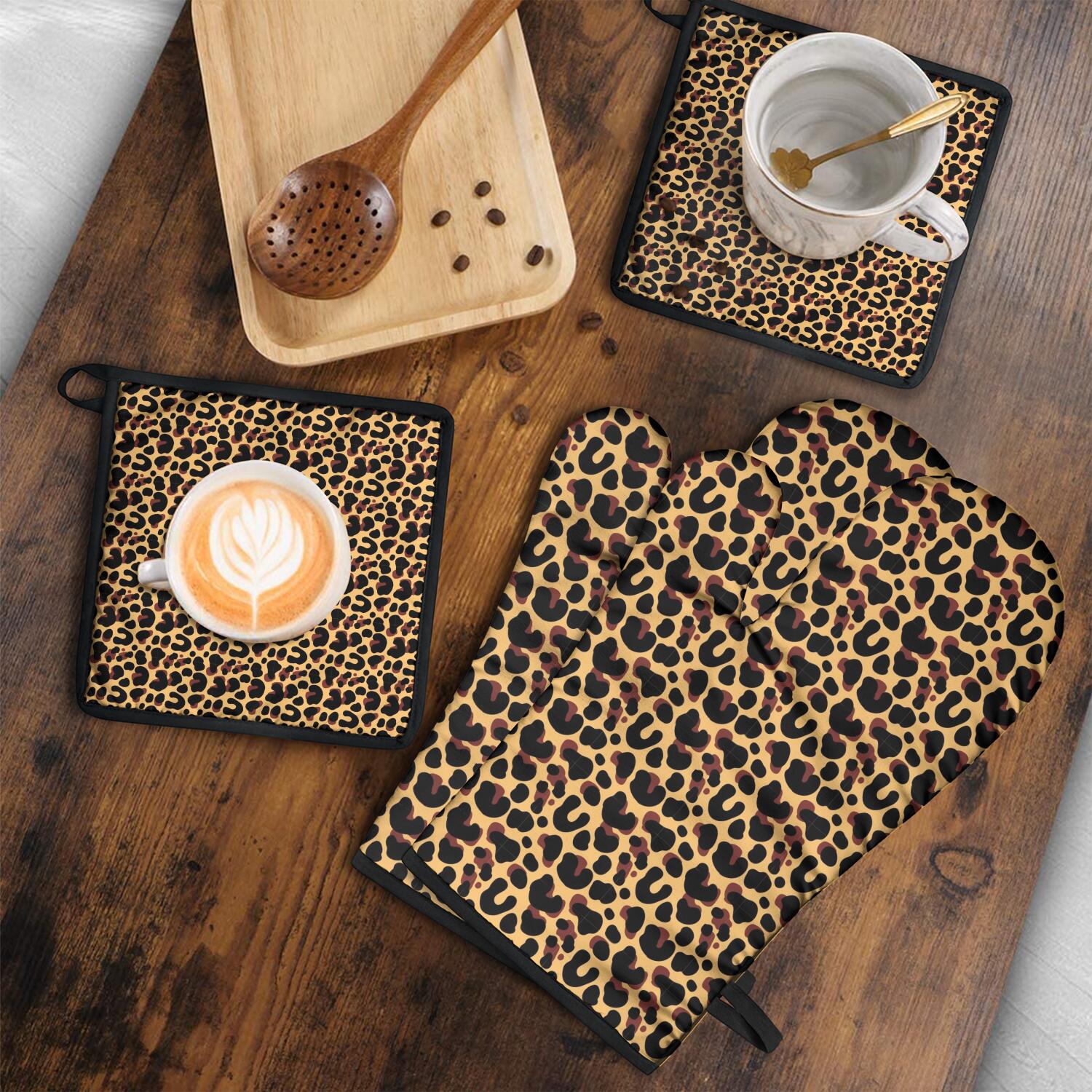 Leopard Print Oven Mitts and Pot Holders Set Of 4, Heat Resistant Kitchen Gloves with Non-Slip Grip, Hanging Loop, Soft Cotton Lining for Baking, Cooking, Grilling, Barbecue