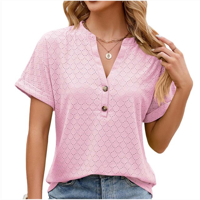 AherBiu Short Sleeve Tops for Women Button Notch V Neck Short Sleeve Boho Travel Shirts Blouse