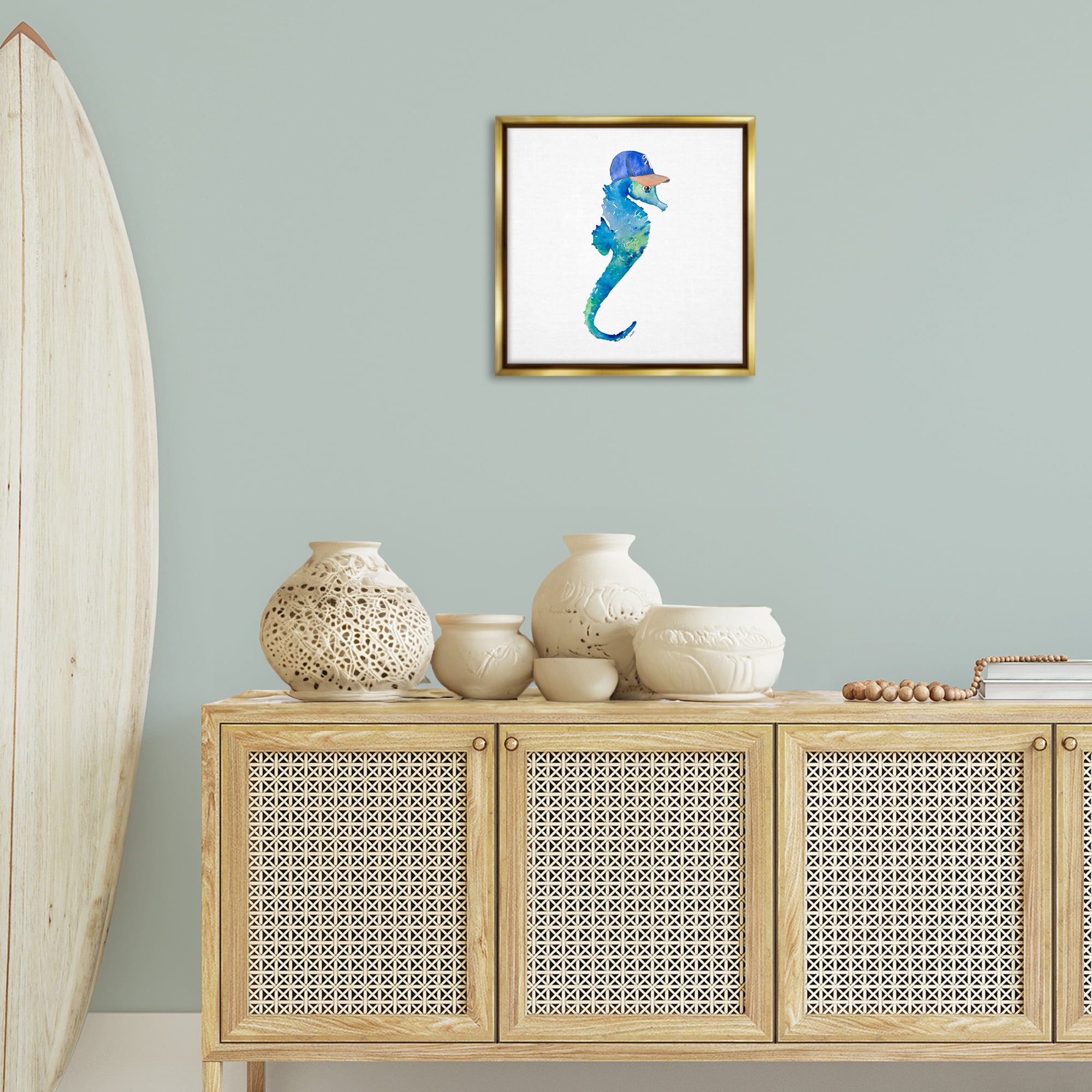 Stupell Industries Blue Seahorse in Hat Novelty Painting Gold Floater Framed Canvas Art Print Wall Art, 18 x 18