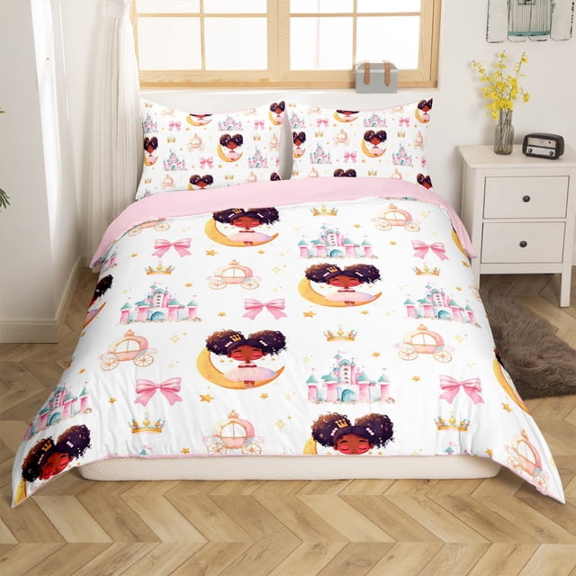 Erosebridal Housse de Couette Princesse de Rêve Grand Lit, Ensembles de Literie Château Mignon Format Grand Lit, Déco Couronne Dorée, Réversible 3 Pcs
