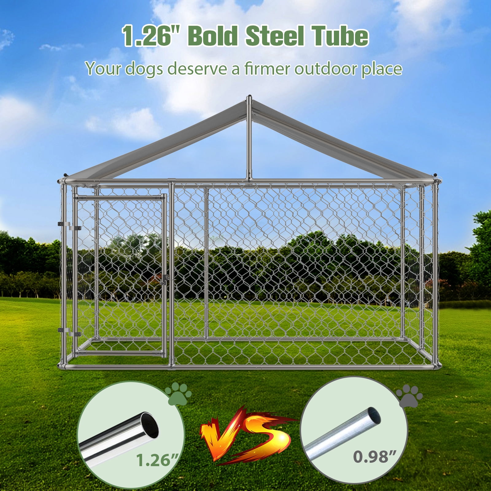 RocVanc 10'x10' Outdoor Dog Kennel with Metal Dog Gate, Outdoor Dog Enclosure with Roof, Heavy Duty Dog Kennel for Outdoor Backyard Farm