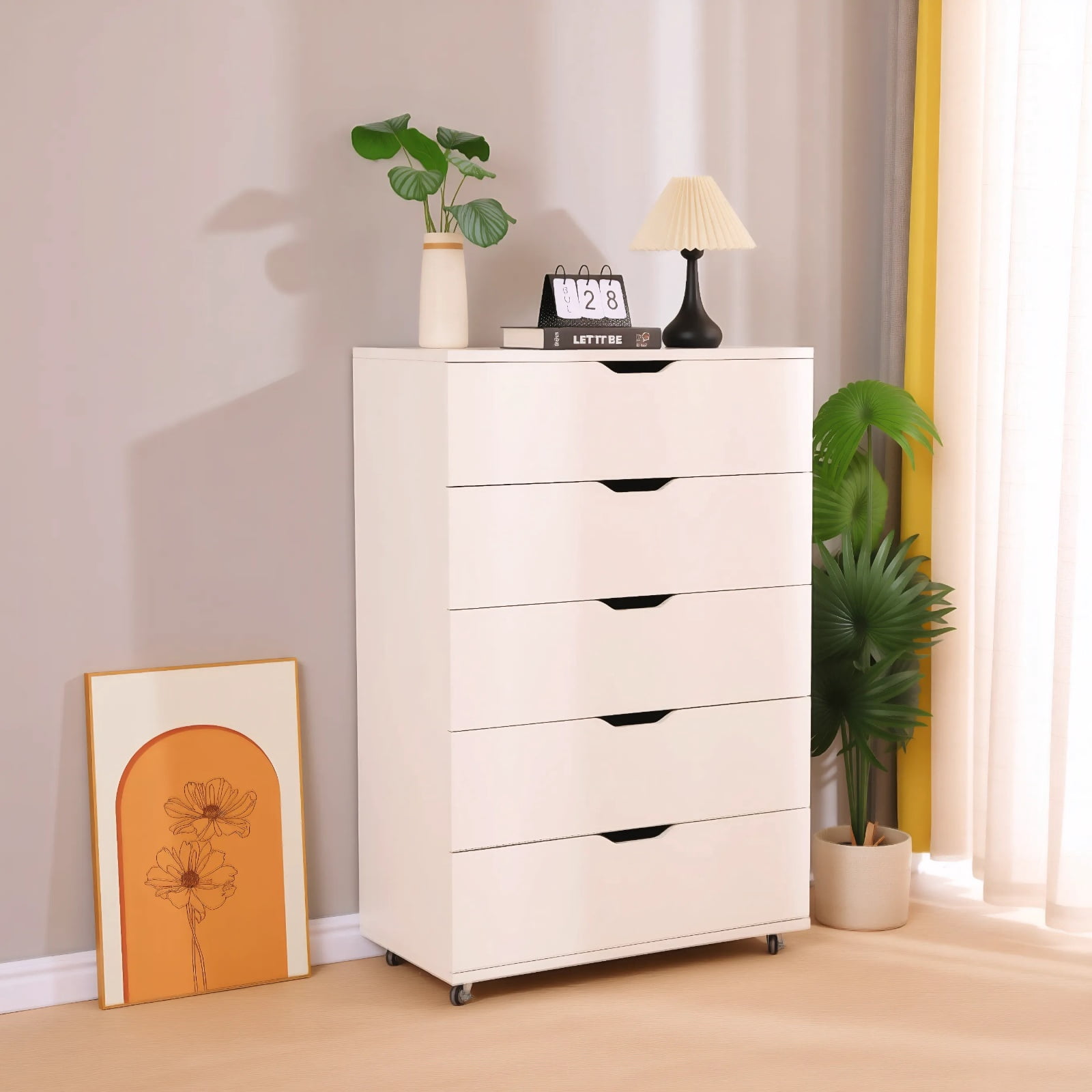 5-Drawer Dresser with Wheels, Modern Storage Cabinet, White