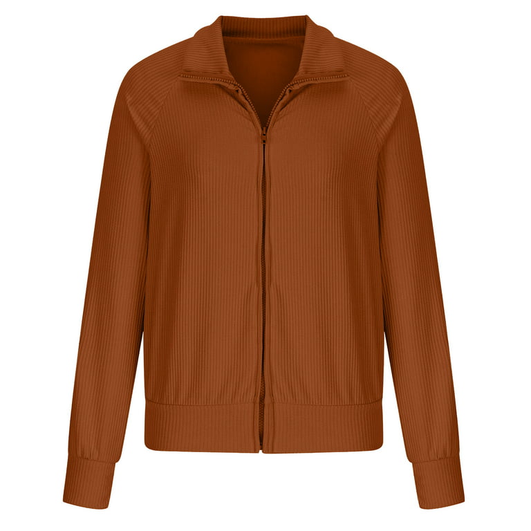 Hfyihgf Women Collared Full Zip Fall Sweater Solid Long Sleeve Athleisure  Cardigan Coat Trendy Loose Fit Jacket Outerwear(Orange,XL)