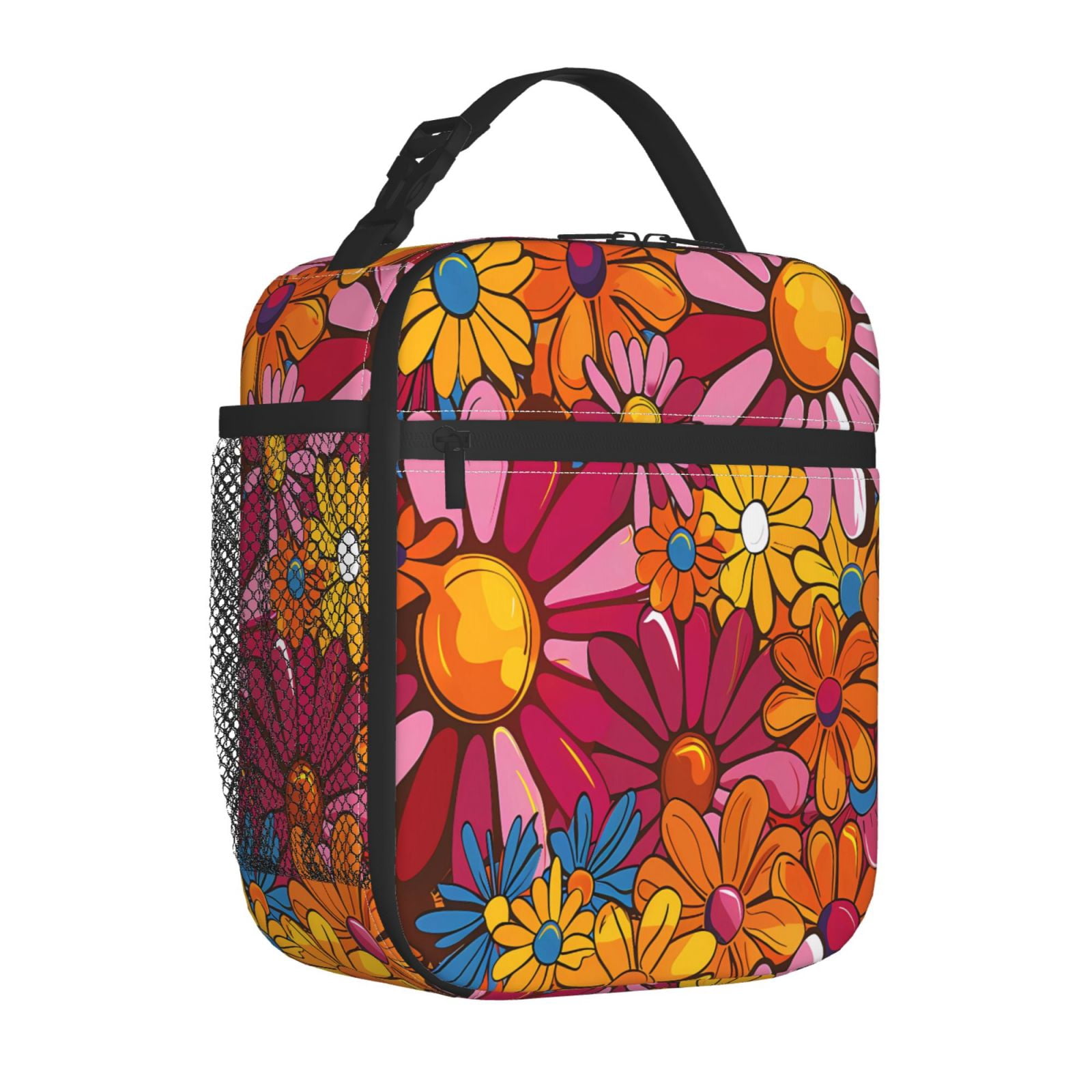 Lunch Bag For Women Men Insulated Portable Lunch Box Bento Box Office Picnic Travel Cooler Bag Colorful Floral Pattern Groovy Flowers (3)