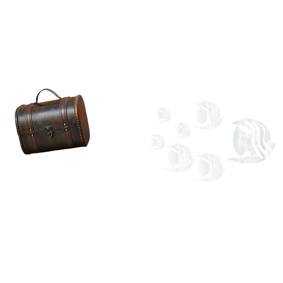 Organizador de joyería vintage de madera con espejo acrílico y adhesivos de pared de peces. decorativo para guardar anillos y joyería corporal.