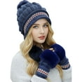 thumbnail image 3 of Women's Fleece Lined Knit Hat Set, Korean Style Pom Pom Beanie with Ear Flaps, Warm Winter Hat with Fingerless Gloves, Cuffed Knit Cap, Winter Accessory Set, Cute Knit Set Navy, 3 of 10