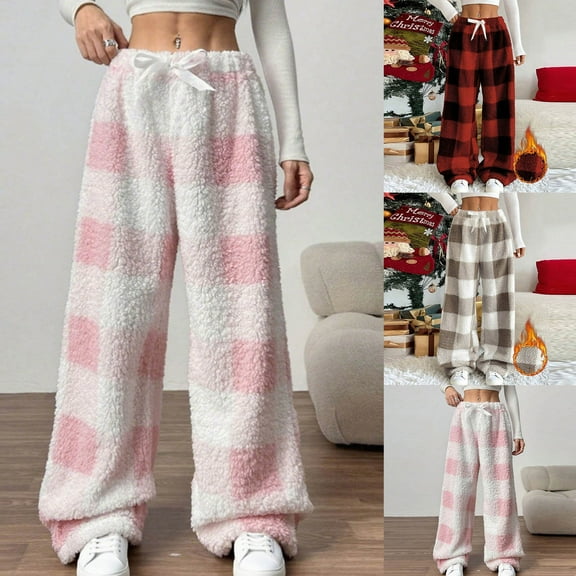 DDAPJ pyju Womens Baggy Pajama Pants Fuzzy Fleece Lounge Pants Plaid Pj Bottoms Soft Cozy Plush Sleepwear Black M