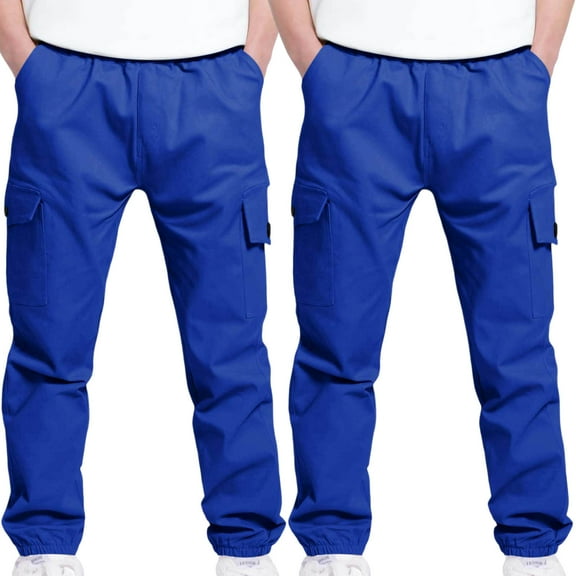 OGLCCG 2 Pack Boys Cargo Pants Elastic Waist Casual School Joggers Pants for Kids Solid Color Baggy Sweatpants with Pockets 4-13 Years