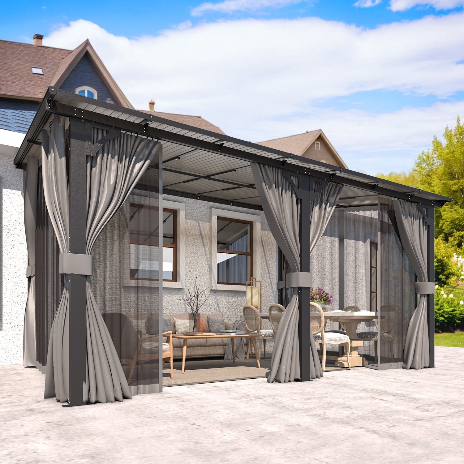 AECOJOY 14' x 10' Lean to Gazebo with Netting and Curtain Outdoor Hardtop Gazebo Aluminum Metal Pergola ​For Garden, Patio, Backyard-​Dark ​Gray