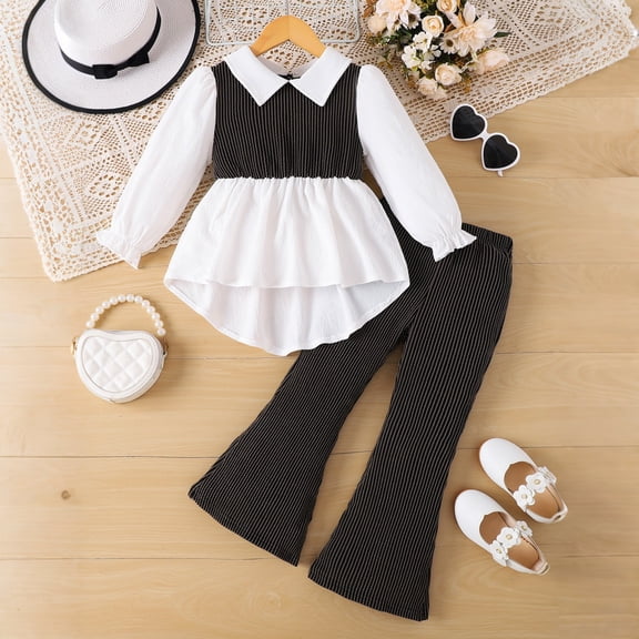 AINIYSLittle Girls 2 Piece Outfits Joint Lapel Lantern Sleeves Shirt Dress Top and Solid Flared Pants Set Kids Cute Pullover Fall Outfits Set Black 3 Years