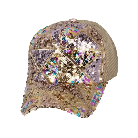 Top Headwear Fashion Sequin Mesh Adjustable Trucker Hat - Rainbow/Gold