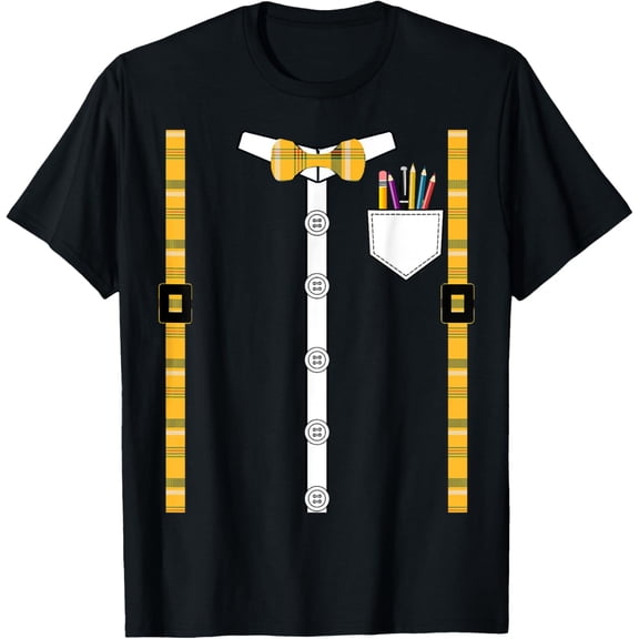 Printed Plaid Suspenders Bowtie Class Nerd Costume T-Shirt men and women can wear, black, white, gifts
