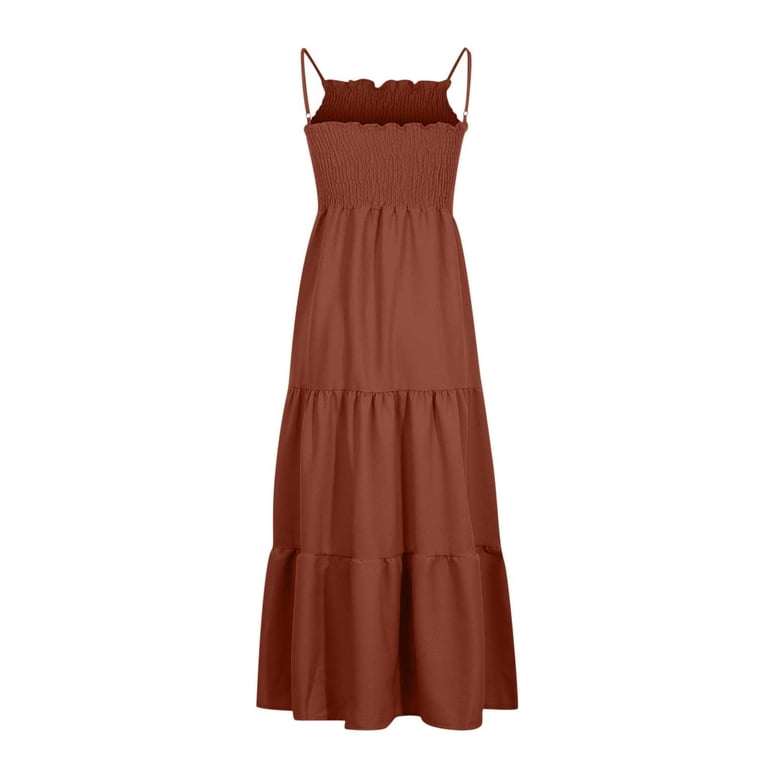 Brilliant Summer New 2024 Women's Bohemian Spaghetti Strap Smocked Tiered  Beach Sun Dresses Sleeveless Solid Maxi Dress Long Brown XL - Walmart.com