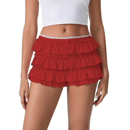 Ruffle Shorts! Audhol Women Girl s Boyshorts Ruffle Shorts Cute Lace Pumpkin Pants Layered Bottoms Lolita Fairy Sweet Pettipants Bloomers for Women Red2 L