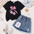 thumbnail image 2 of WUANDIXFA Kid Girls Clothes Outfits Cute Sweet Bowknot Print Denim Short Summer Clothing Set (Black1, 6-7 Years), 2 of 3