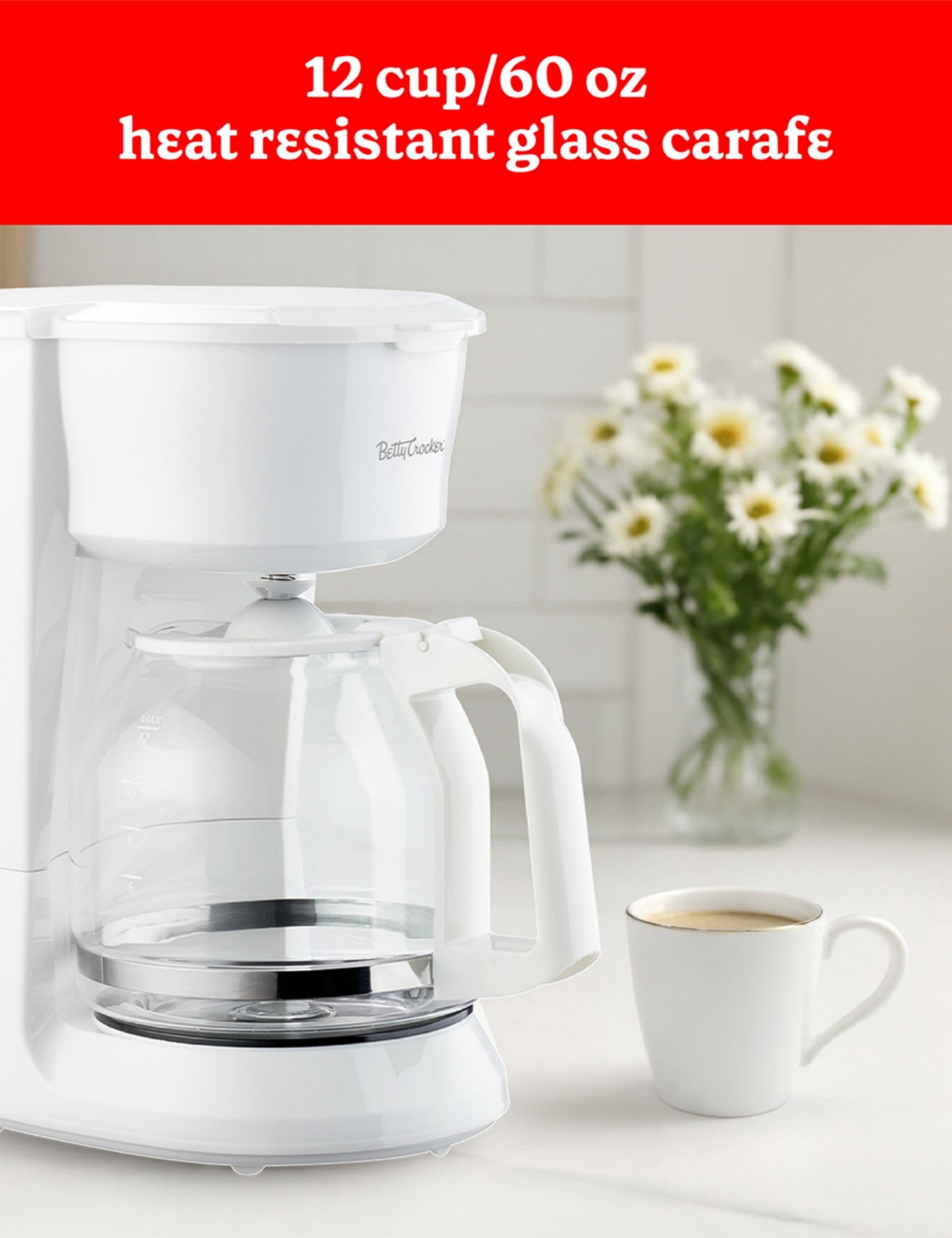 Betty Crocker 12-Cup Drip Coffee Maker with Heat Resistant Glass Carafe, Removable Filter Holder for No. 4 Cone Filters, Pause & Pour, Water Level Gauge, Non-Stick Warming Plate, BC-5729W, White