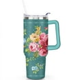 thumbnail image 2 of 40oz Pioneer Colorful Floral Stainless Steel Flip Straw Tumbler with Lid and Straw Spill Proof Travel Cup Double Wall Vacuum Insulated Coffee Mug with Handle Greenish-blue, 2 of 7