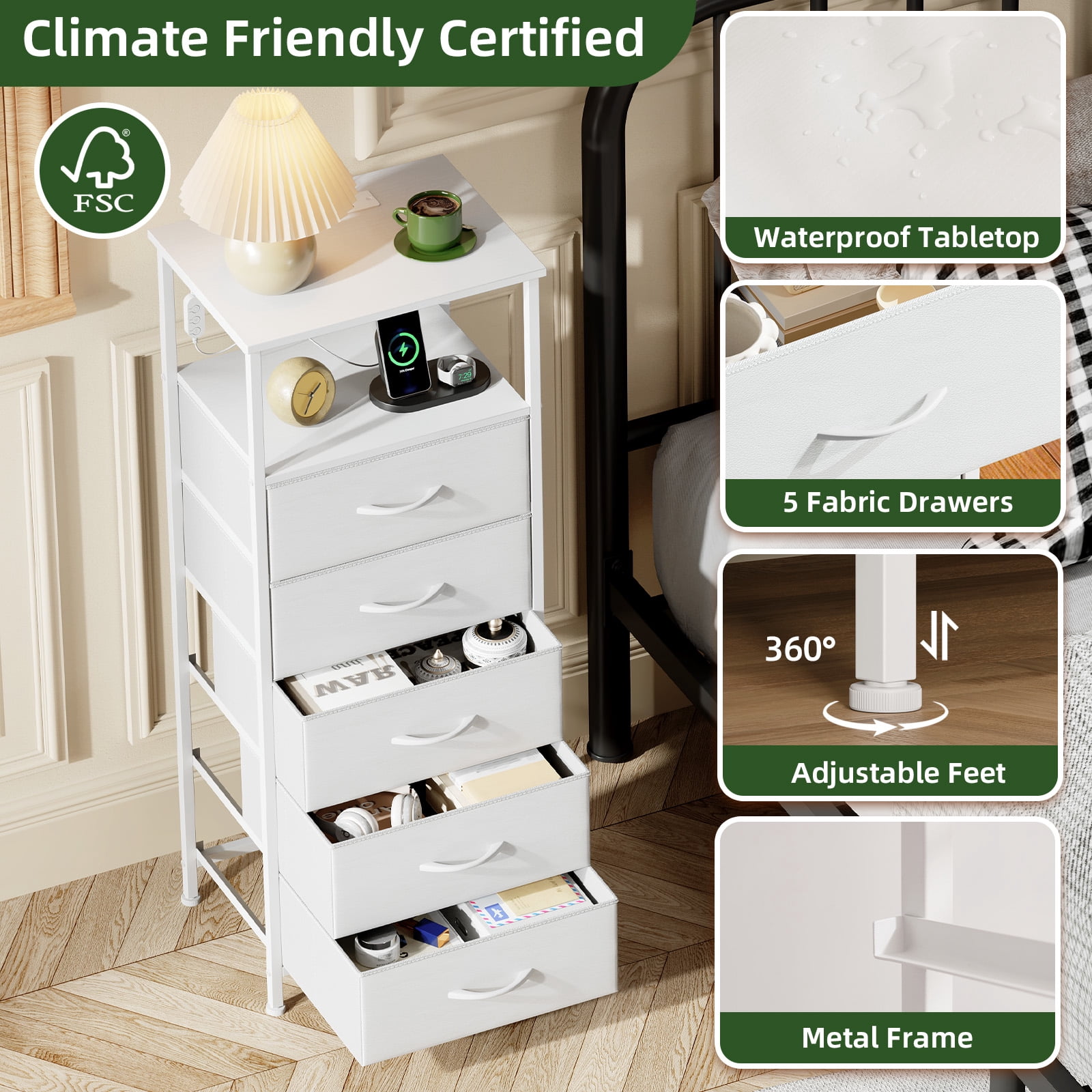 Eunos White Dresser for Bedroom, 5 Drawer Nightstand with Charging Station, LED and Open Shelf