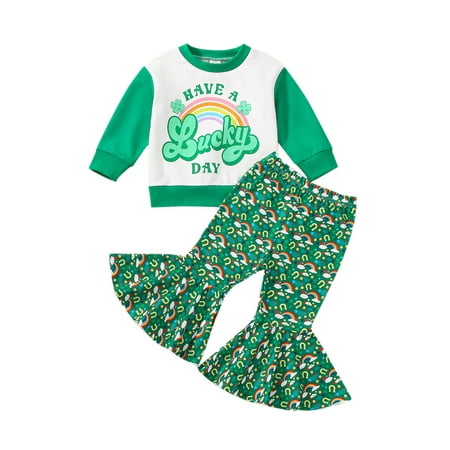 

wybzd Toddler Baby Girl St. Patrick s Day Clothes Rainbow Letter Print Long Sleeve Tops Clover Flare Pants Outfits