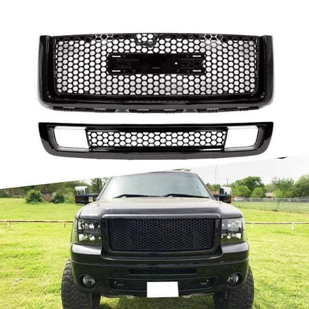 ONEPI Gloss Black Front Grill Lower Grill Kit Compatible with GMC Sierra 1500 2007 2008 2009 2010 2011 2012 2013 Models, No Emblem