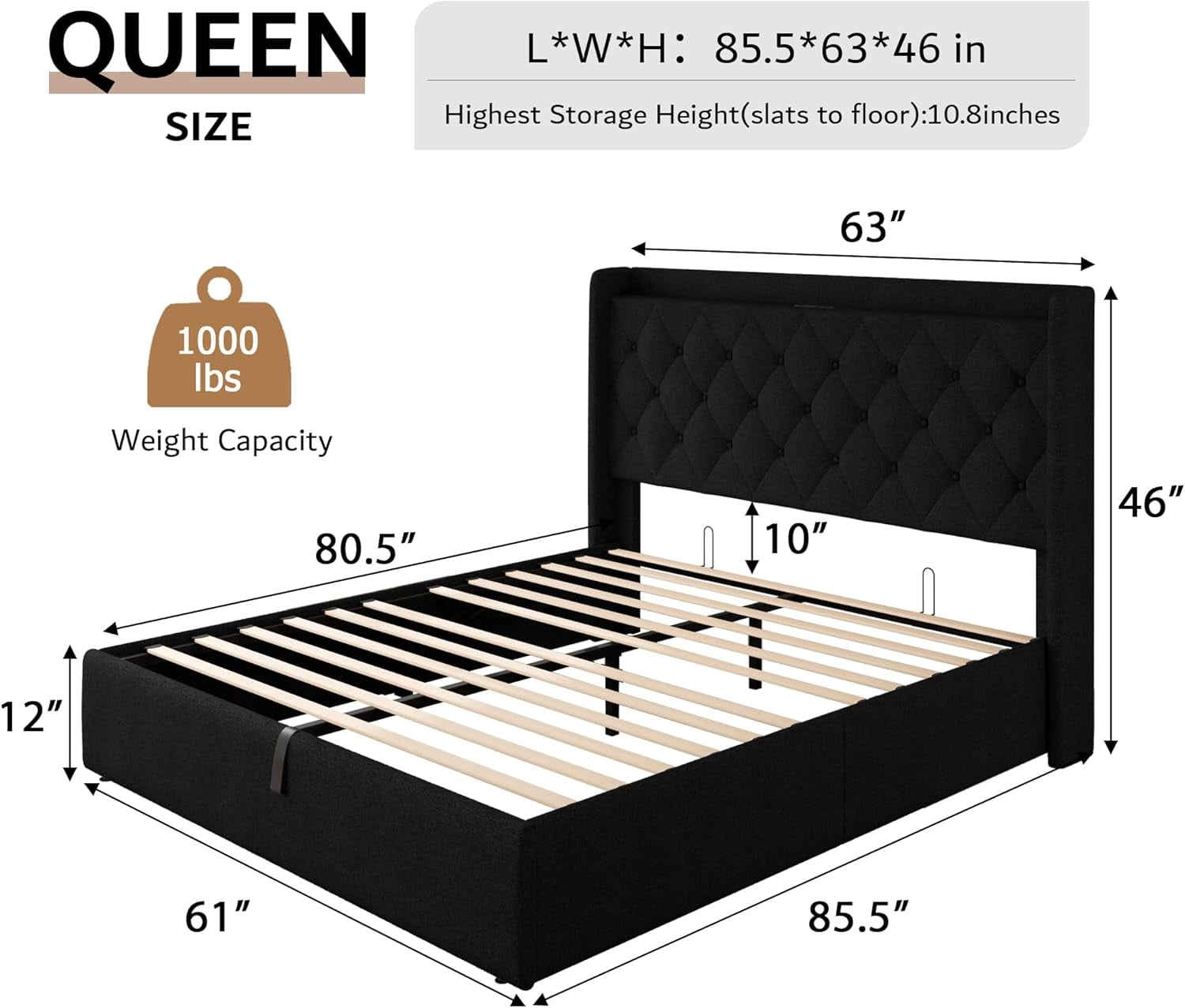 iPormis Queen Lift Up Storage Bed Frame with Charging Station, Upholstered Platform Bed Frame with Velvet Headboard, Hydraulic Storage,Black