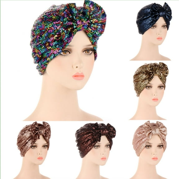 Dalrosia Women Sparkle Sequin African Turban Bow Knot Pre-Tied Cap Pleated Ruffle Bonnet Beanie Hat Headwrap Skull Caps